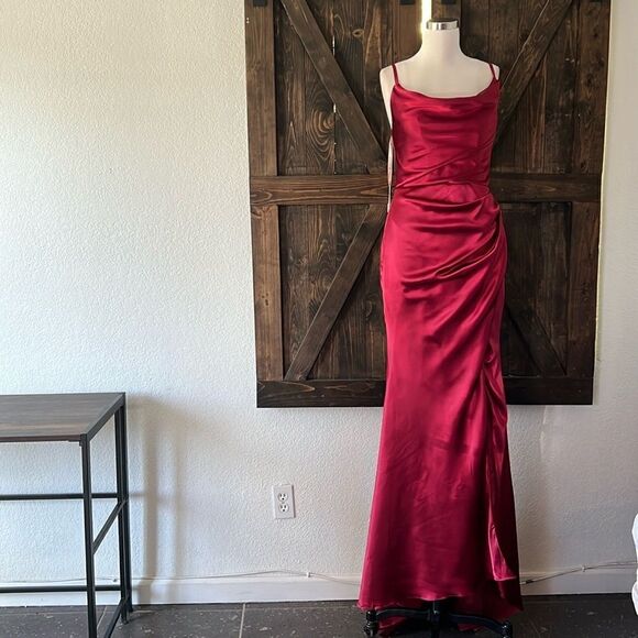 Lavetir Satin COWL NECK RED GOWN FRONT Split back lace up gown dress - Picture 1 of 12